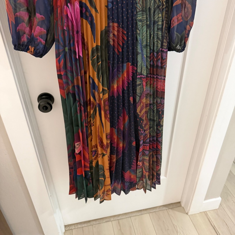 Farm Rio Mixed Print Pleated Maxi Dress Boho Colorful Maximalist Modest Vacay XS - Picture 4 of 8